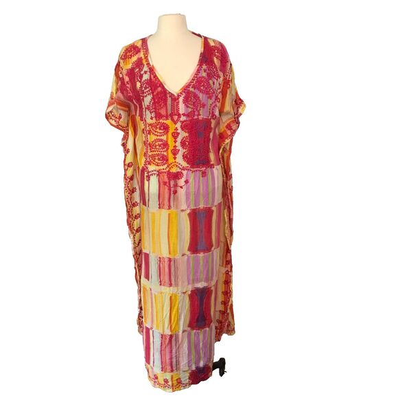 Ruby Yaya Womens Pink Yellow Embroidered Boho MuuMuu, Kaftan, Dress S/M, NWT - Picture 1 of 13